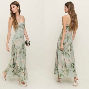 Reformation Catana Floral Georgette Drop Waist Maxi Dress Pergola Green Size 2